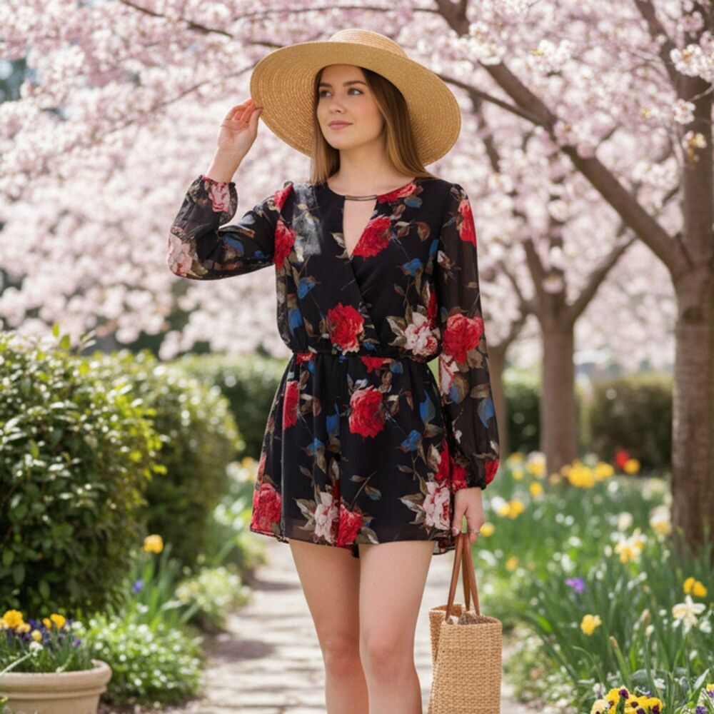 YA Los Angeles Black Floral Long Sleeve Women's Romper Size M